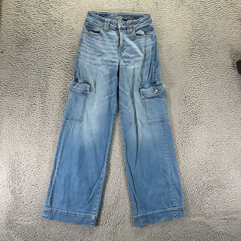 American Eagle Outfitters Jeans Womens 00 Blue Cotton Denim Wide-Leg Baggy Cargo